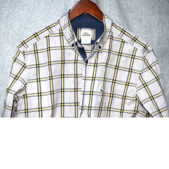 Lacoste Men’s Slim Fit Plaid Button-Down Shirt Gray Yellow Blue Size 42 (Large) - Picture 2 of 3